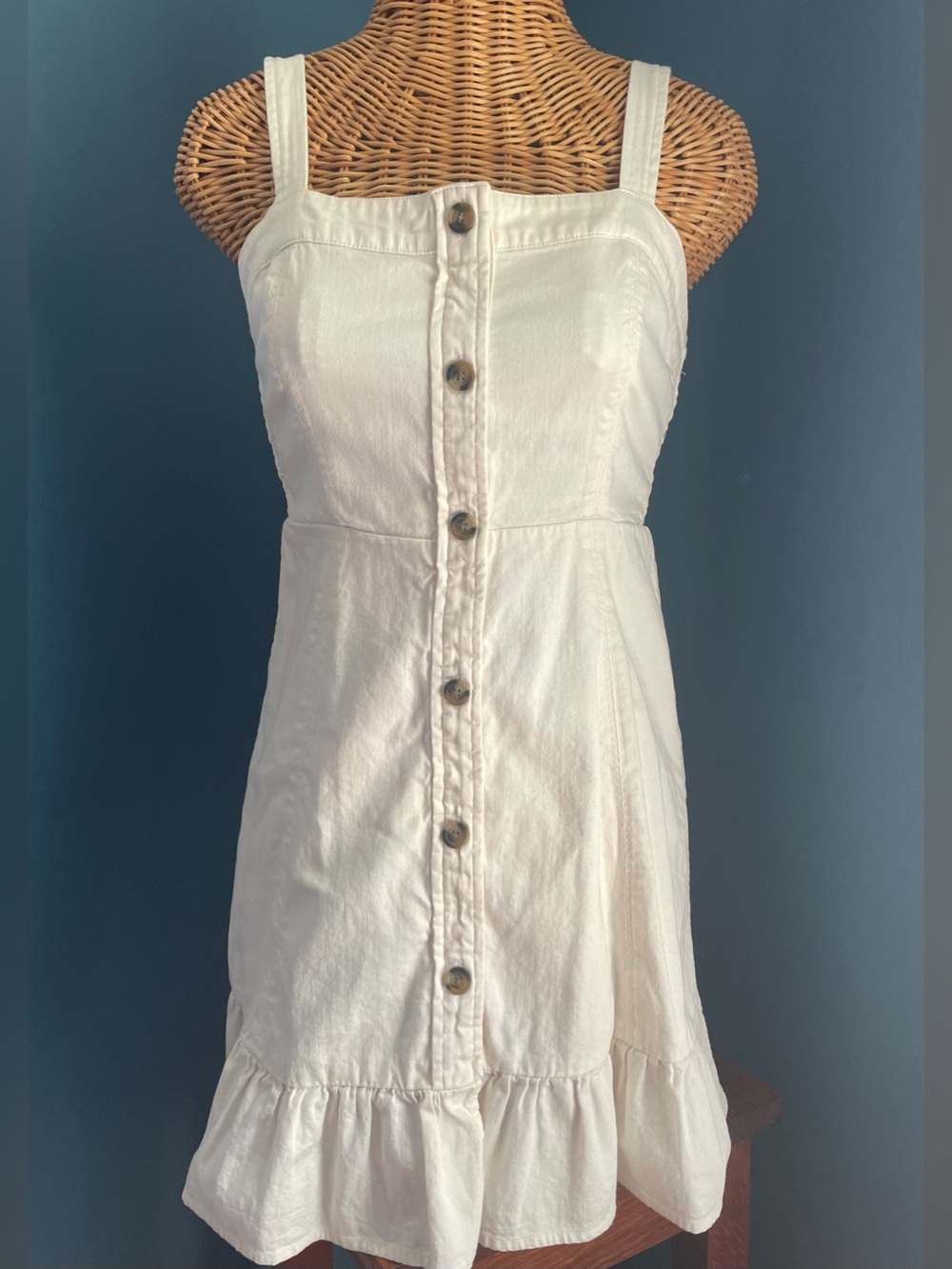 American Eagle Off White Cotton Sundress RuffleHem Faux Buttons Size Small